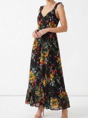 NWT Madewell Black Botanical Floral Ruffle Strap Maxi Dress Size 8